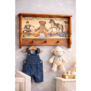 Vintage wooden baby nursery large wall hanging shelf rocking horse bear 90's peg